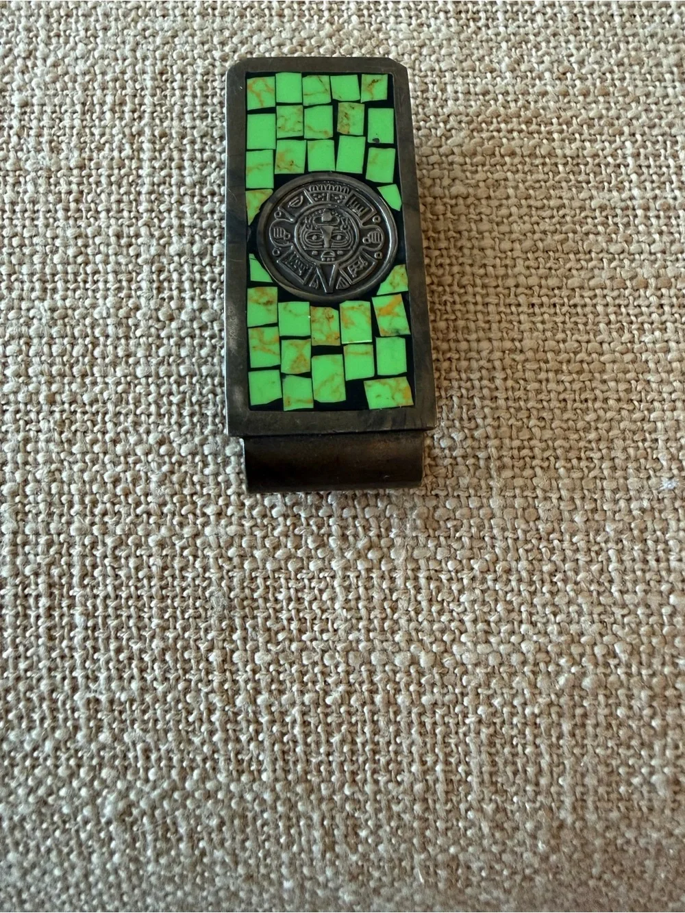 Vintage Mexican 925 Silver & Stone Mosaic Money clip w/Aztec Calendar Medallion.